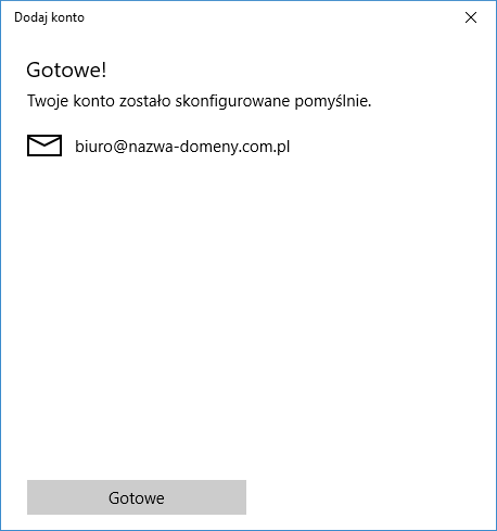 Widok skonfigurowanego konta e-mail w aplikacji Poczta Windows 10
