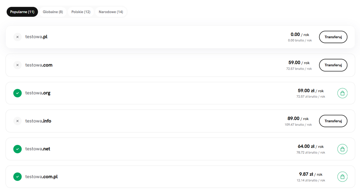 Lista wyszukanych domen 
