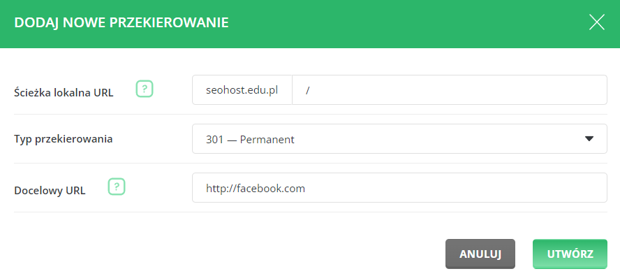 Uzupełnianie informacji o przekierowaniu, takich jak: ścieżka lokalna URL, typ przekierowania 301, 302, 303 oraz docelowy adres URL w oknie dodaj nowe przekierowanie