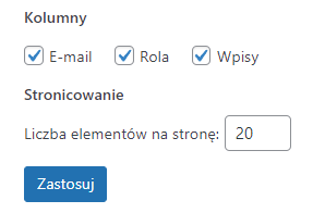 Opcje, spośród których mozna wybrać, jakie pola będą widoczne w tabeli użytkowników, jak również ile rekordów będzie widać na stronie