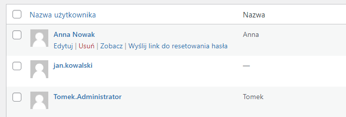 Widok po najechaniu kursorem na profil danego użytkownika- opcje: Edytuj, Zobacz, Usuń, Wyślij link do resetowania hasła