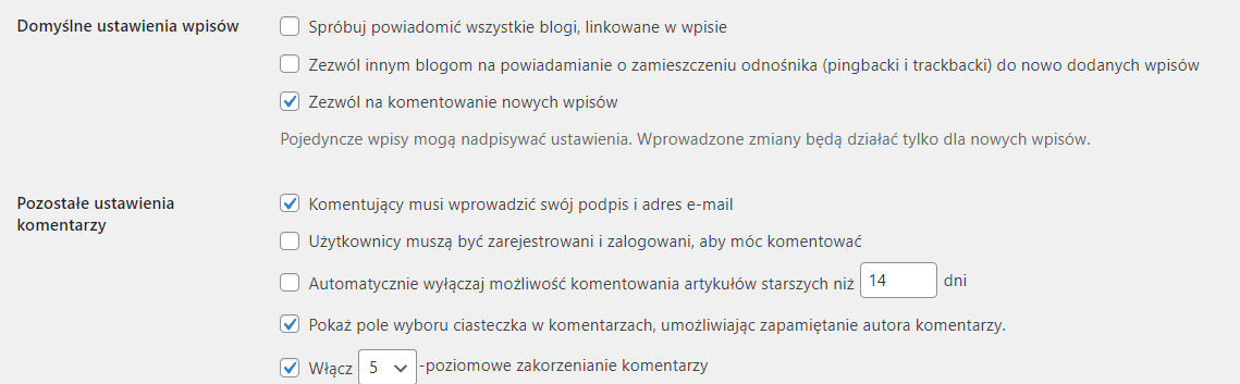 Ustawienia dla całej witryny WordPress: wybieranie opcji 'Dyskusja'  
