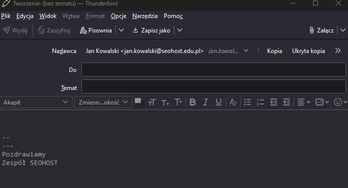 Uzupełnianie podstawowych informacji o wiadomości e-mail takich jak: temat, treść, adresaci wiadomości, załącznik