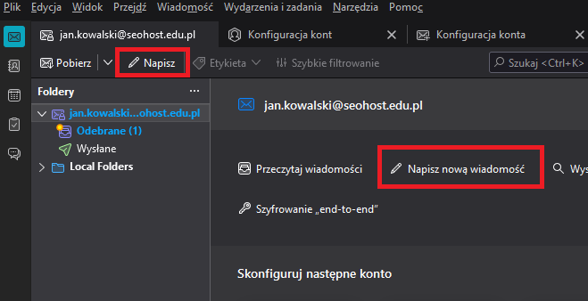 Uruchomienie aplikacji Thunderbird i tworzenie nowej wiadomości e-mail poprzez kliknięcie 