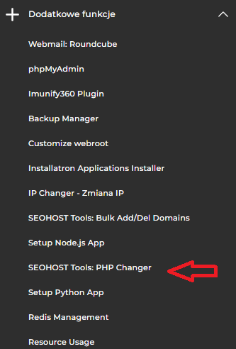 Panel DirectAdmin z podświetloną sekcją SEOHOST Tools PHP Changer