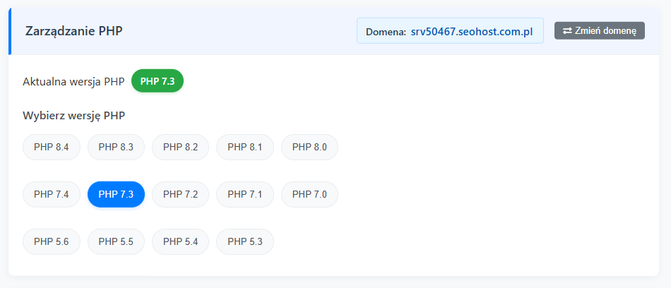 Widok narzędzia zmiany wersji PHP dla wybranej domeny