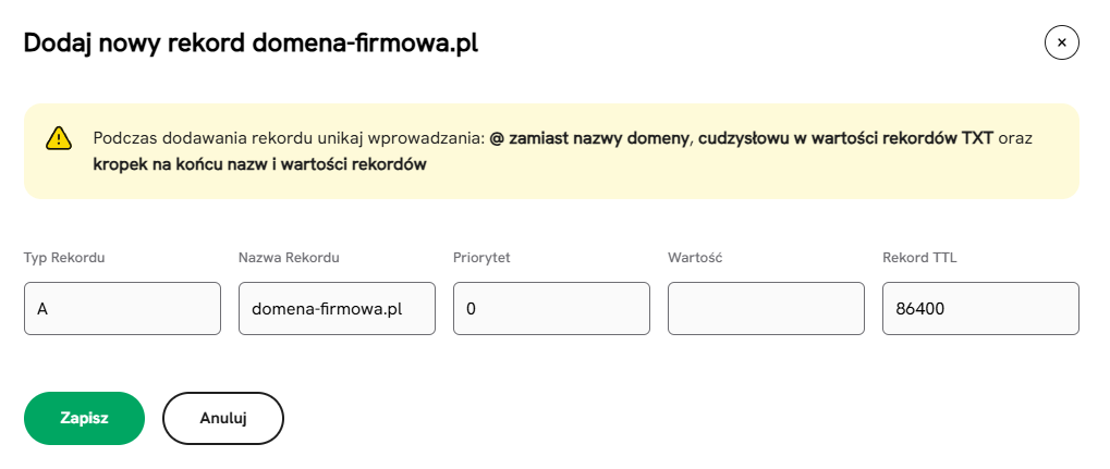 Dodawanie nowego rekordu podczas konfiguracji rekord&oacute;w DNS domeny w SEOHOST