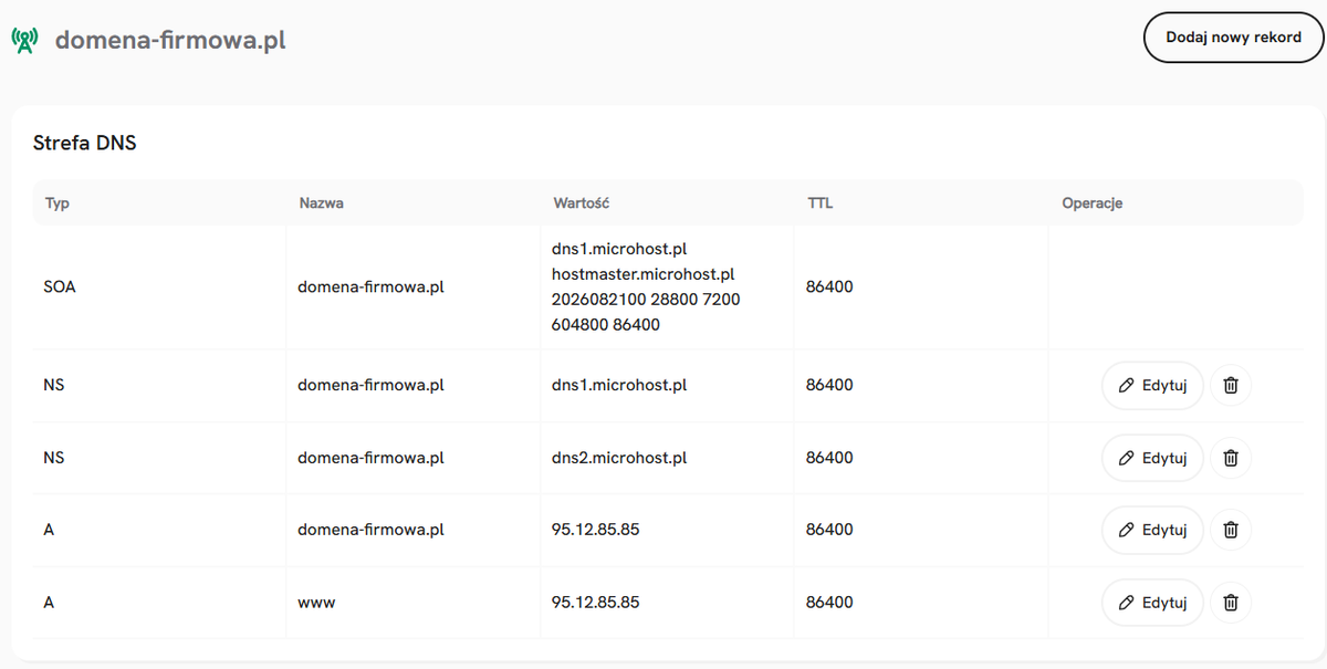Konfiguracja rekord&oacute;w DNS domeny &ndash; rekordy SOA, NS i A w strefie DNS SEOHOST