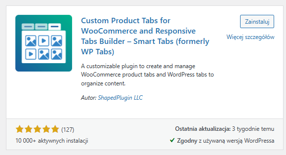 Panel WordPress z wyszukiwarką wtyczek, widoczna wtyczka WP Tabs do instalacji.