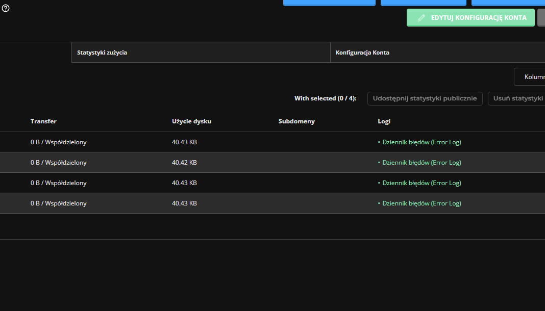 Widok panelu DirectAdmin z sekcją log&oacute;w błęd&oacute;w domeny