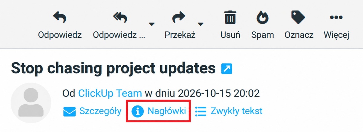 Przycisk Nagł&oacute;wki w Poczcie SEOHOST Roundcube, znajdujący się pod informacją o nadawcy wiadomości