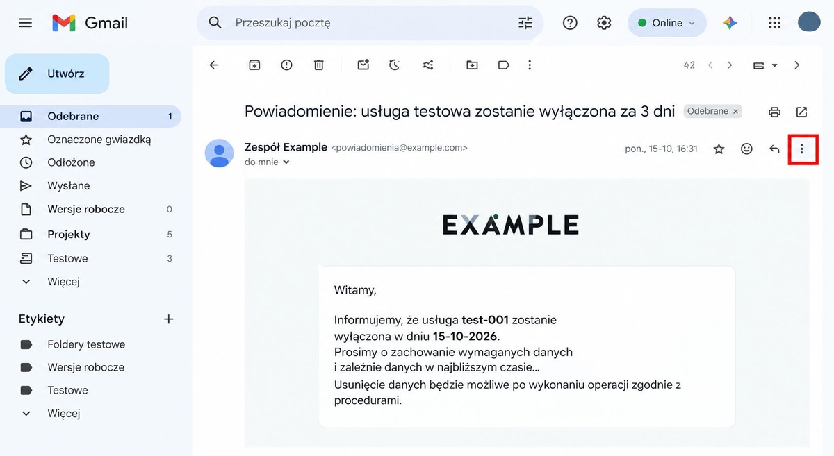 Gdzie kliknąć, aby sprawdzić nagłówek wiadomości w Gmailu? Gmail – menu Więcej przy otwartej wiadomości e-mail, z którego można wybrać opcję Pokaż oryginał