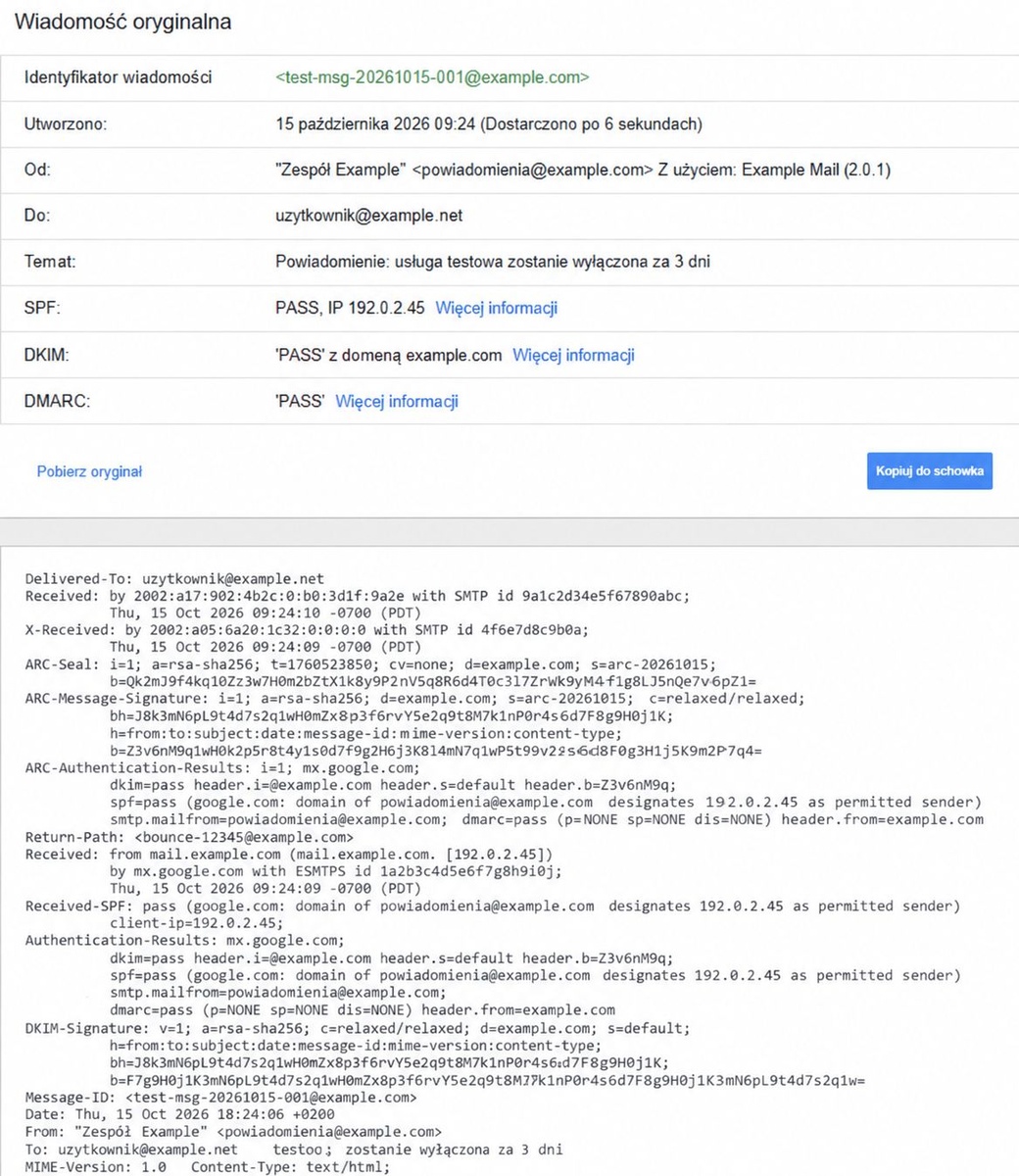 Przykładowy nagłówek wiadomości e-mail z informacjami o nadawcy, adresach From i Reply-To, serwerach Received oraz wynikach weryfikacji SPF, DKIM i DMARC.