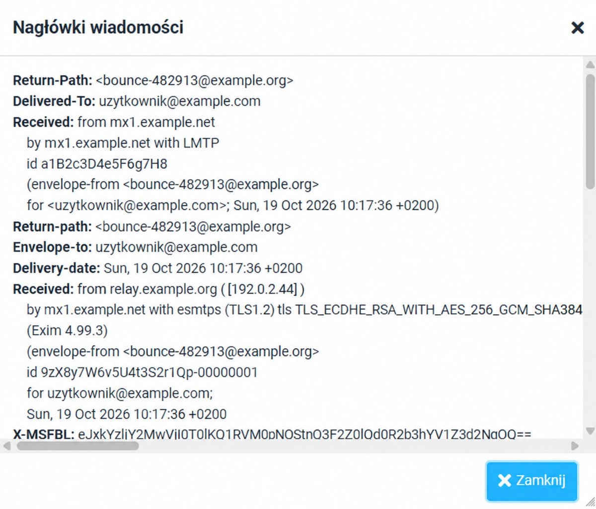 Pełny nagł&oacute;wek wiadomości e-mail w Roundcube SEOHOST z informacjami o nadawcy, serwerach pocztowych i sposobie dostarczenia wiadomości