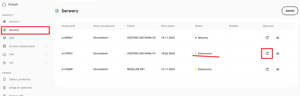 Opłacanie zawieszonego serwera