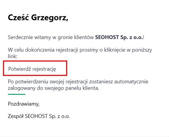 Wiadomość e-mail SEOHOST z linkiem aktywacyjnym do potwierdzenia rejestracji konta klienta