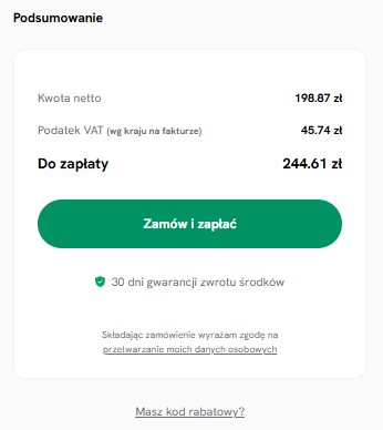 Podsumowanie ceny zam&oacute;wienia w koszyku SEOHOST z kwotą netto, VAT i przyciskiem Zam&oacute;w i zapłać
