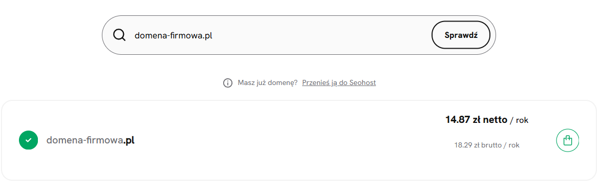 Dostępna domena internetowa w wyszukiwarce SEOHOST z ceną i możliwością dodania do koszyka
