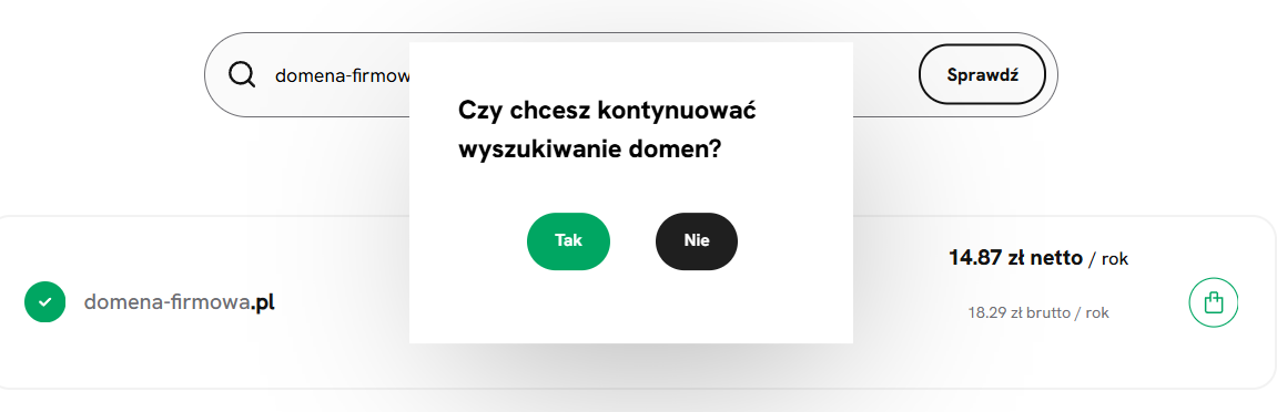 Okno po dodaniu domeny do koszyka z możliwością dalszego wyszukiwania domen lub przejścia do koszyka