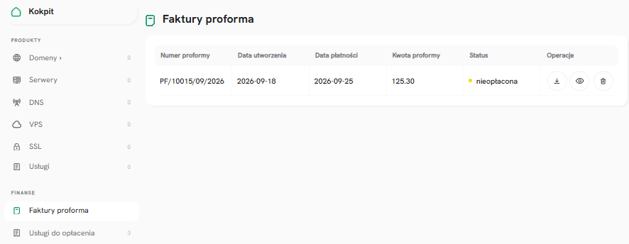 Lista faktur proforma w Panelu Klienta SEOHOST z możliwością podglądu i pobrania dokumentów