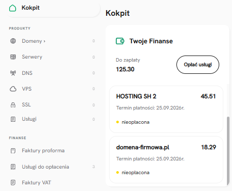 Kokpit Panelu Klienta SEOHOST z informacją o usługach oczekujących na opłacenie