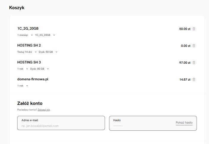 Lista usług w koszyku SEOHOST z domeną i możliwością wyboru okresu rejestracji