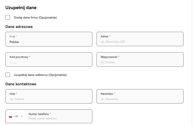 Formularz danych abonenta, danych adresowych i kontaktowych podczas składania zam&oacute;wienia w SEOHOST