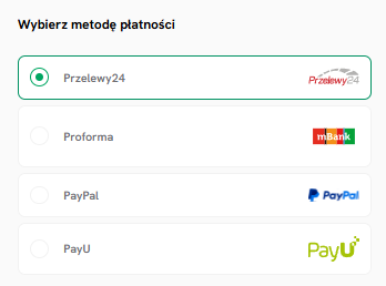 Wyb&oacute;r metody płatności w koszyku SEOHOST: Przelewy24, Proforma, PayPal i PayU