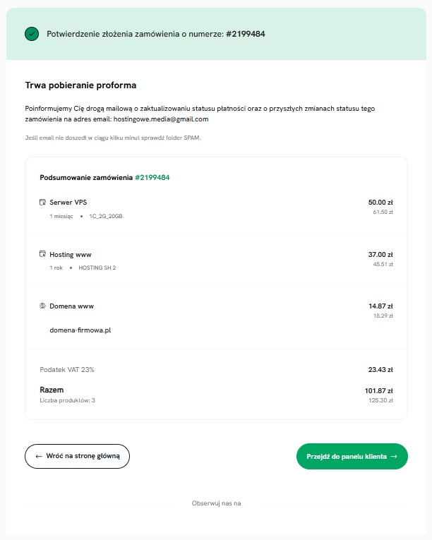 Proforma wybrana jako metoda płatności podczas składania zam&oacute;wienia w koszyku SEOHOST