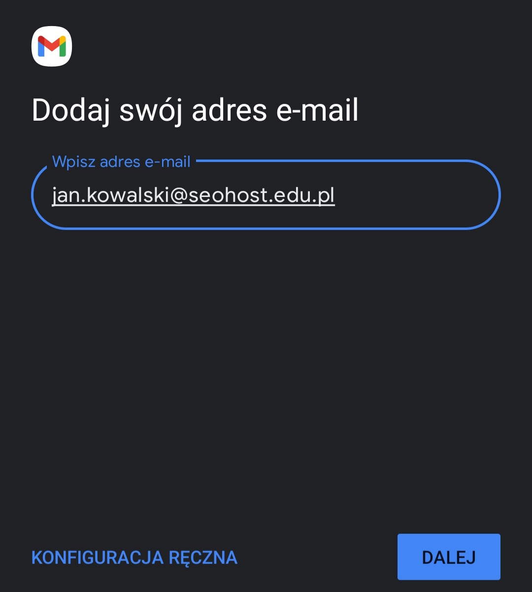  Podawanie adresu e-mail skrzynki pocztowej- konfiguracja poczty Gmail na Android