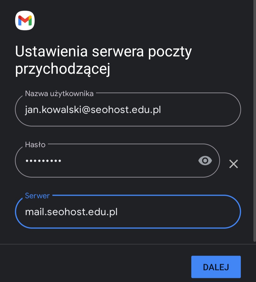 Ustawienia serwera poczty przychodzącej w poczcie Gmail