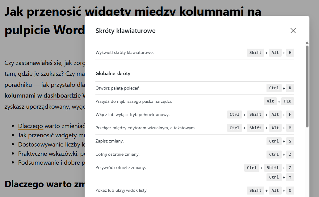 Wyskakujące okno z pełną listą skrótów klawiszowych w edytorze bloków (Gutenberg) po naciśnięciu Shift + Alt + H.