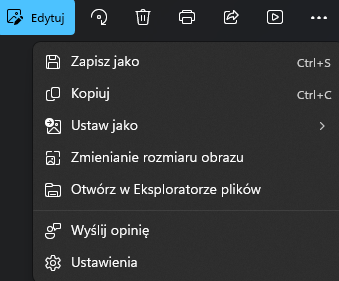 Wygląd opcji 'Zmień rozmiar' (Resize image) w menu aplikacji Zdjęcia (Photos) na Windows.