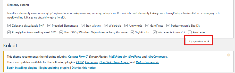 Zakładka 'Screen Options' (Opcje ekranu) zaznaczona w prawym górnym rogu ekranu kokpitu WordPressa.