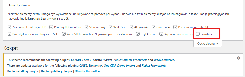 Panel 'Screen Options' (Opcje ekranu) w WordPressie z zaznaczonym polem wyboru 'Welcome' (Powitanie).