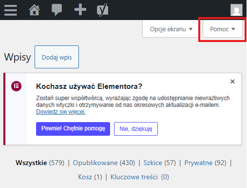 Lokalizacja zakładki Help (Pomoc) w prawym górnym rogu panelu administracyjnego WordPress.