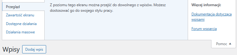 Przykład rozwiniętej sekcji pomocy kontekstowej (Help) w WordPress z informacjami o danym ekranie.