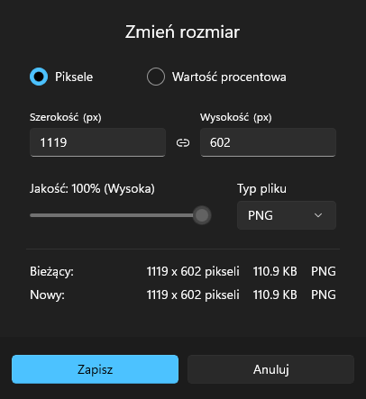 Okno dialogowe zmiany rozmiaru w aplikacji Zdjęcia (Photos) z opcjami zmiany wymiarów, formatu i jakości zdjęcia.