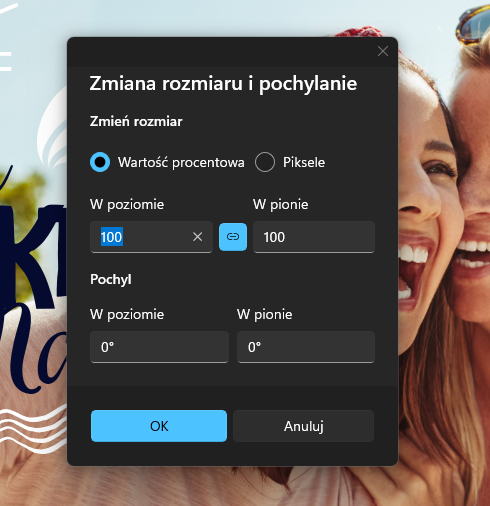Okno dialogowe zmiany rozmiaru i pochylenia w programie Paint z opcjami Percentage i Pixels.