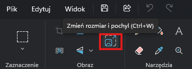 Wstążka programu Paint z zaznaczoną opcją 'Zmień rozmiar' (Resize).
