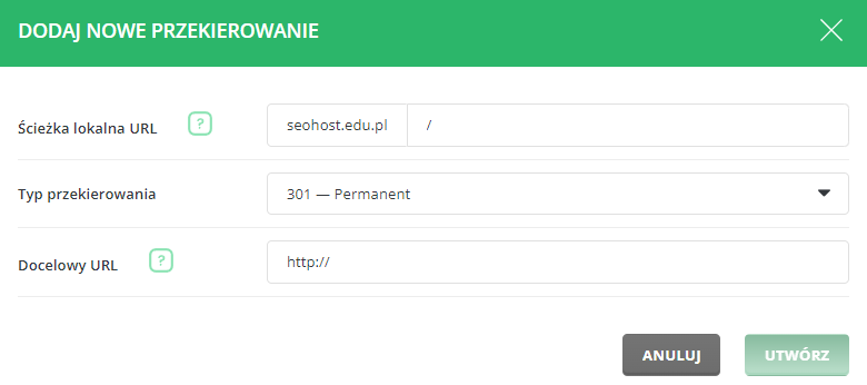 Tworzenie nowego przekierowania w DirectAdmin