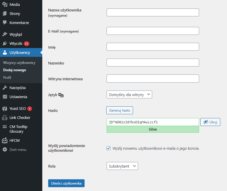 Jak utworzyć nową rolę użytkownika w WordPress - widok sekcji 'Użytkownicy' w menu WordPress 