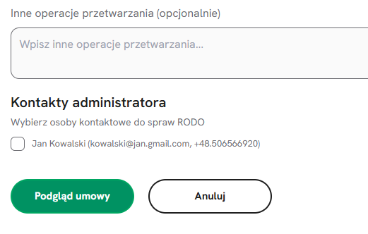 Wyb&oacute;r kontaktu administratora podczas przygotowania umowy RODO w SEOHOST