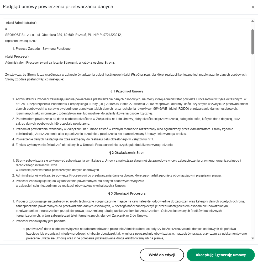 Podgląd umowy powierzenia danych przed zaakceptowaniem w SEOHOST