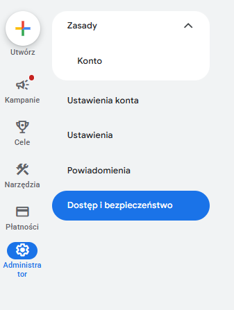 Menu boczne panelu Google Ads z zaznaczoną sekcją Administracja