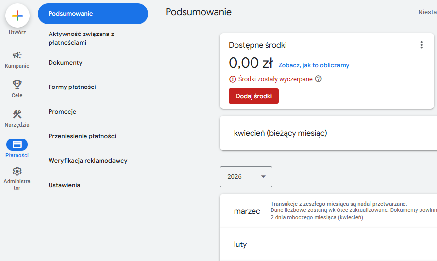 Widok panelu Płatności w Google Ads z przyciskiem Dodaj środki