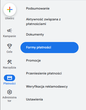 Menu boczne Google Ads z widoczną zakładką Formy płatności