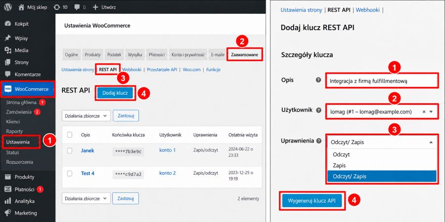 WooCommerce – konfiguracja klucza REST API do integracji z Base Panel WooCommerce – tworzenie klucza REST API, wybór użytkownika i uprawnień Odczyt/Zapis
