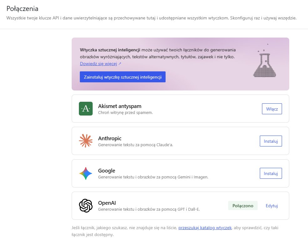 Ekran połączeń AI w WordPress 7.0 z widoczną konfiguracją dostawcy sztucznej inteligencji.