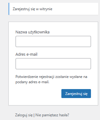 Zrzut ekranu przedstawiający domyślny formularz rejestracji konta w WordPressie, zawierający pola na nazwę użytkownika i adres e-mail.